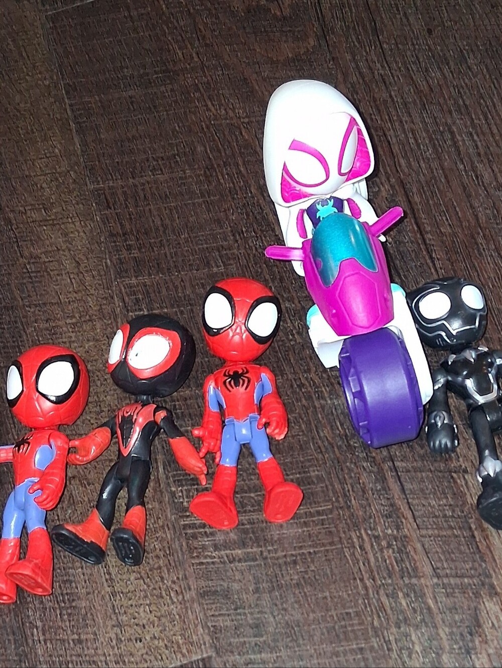 Spiderman Pink White Purple Motorcycle with Red and Black Spider-Man Figures